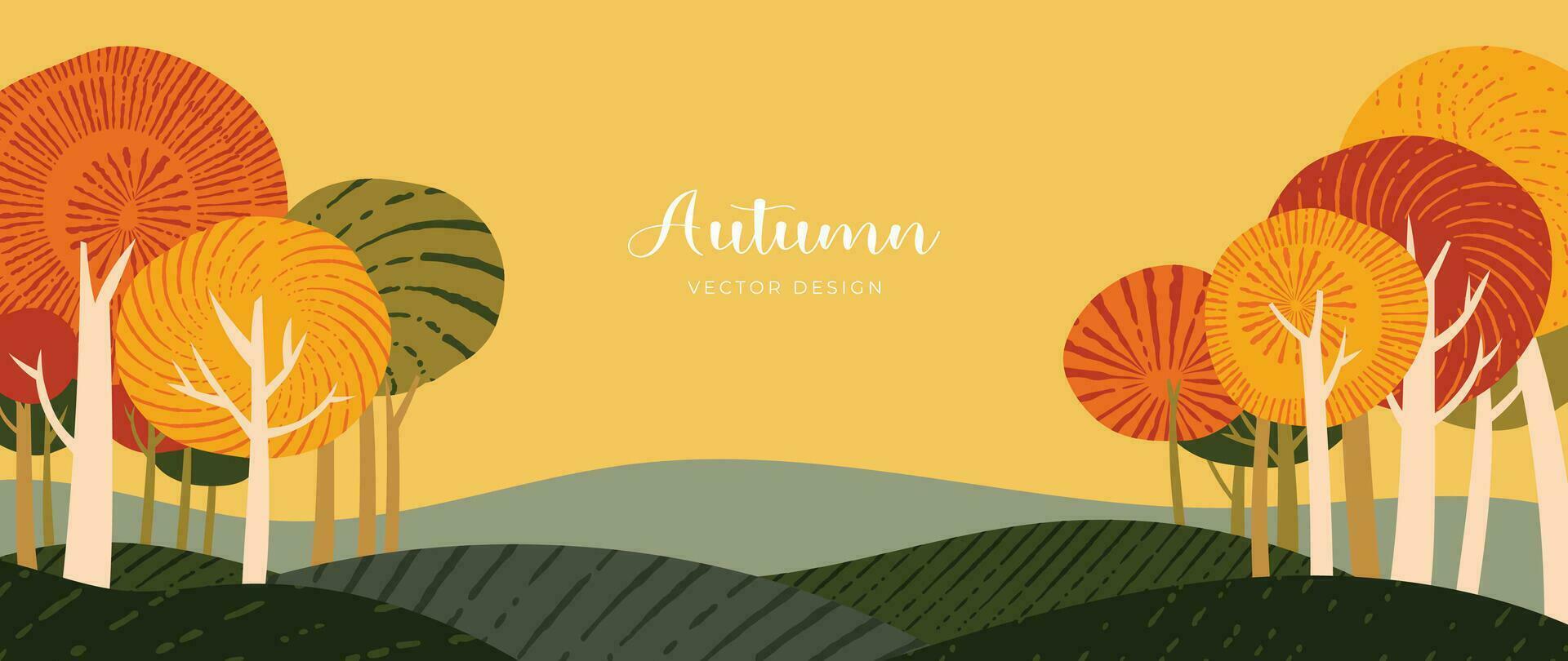 Autumn and country landscape background. Seasonal illustration vector of trees, mountain, cloud with watercolor, brush texture. Design for for promotion, advertising, banner, card.