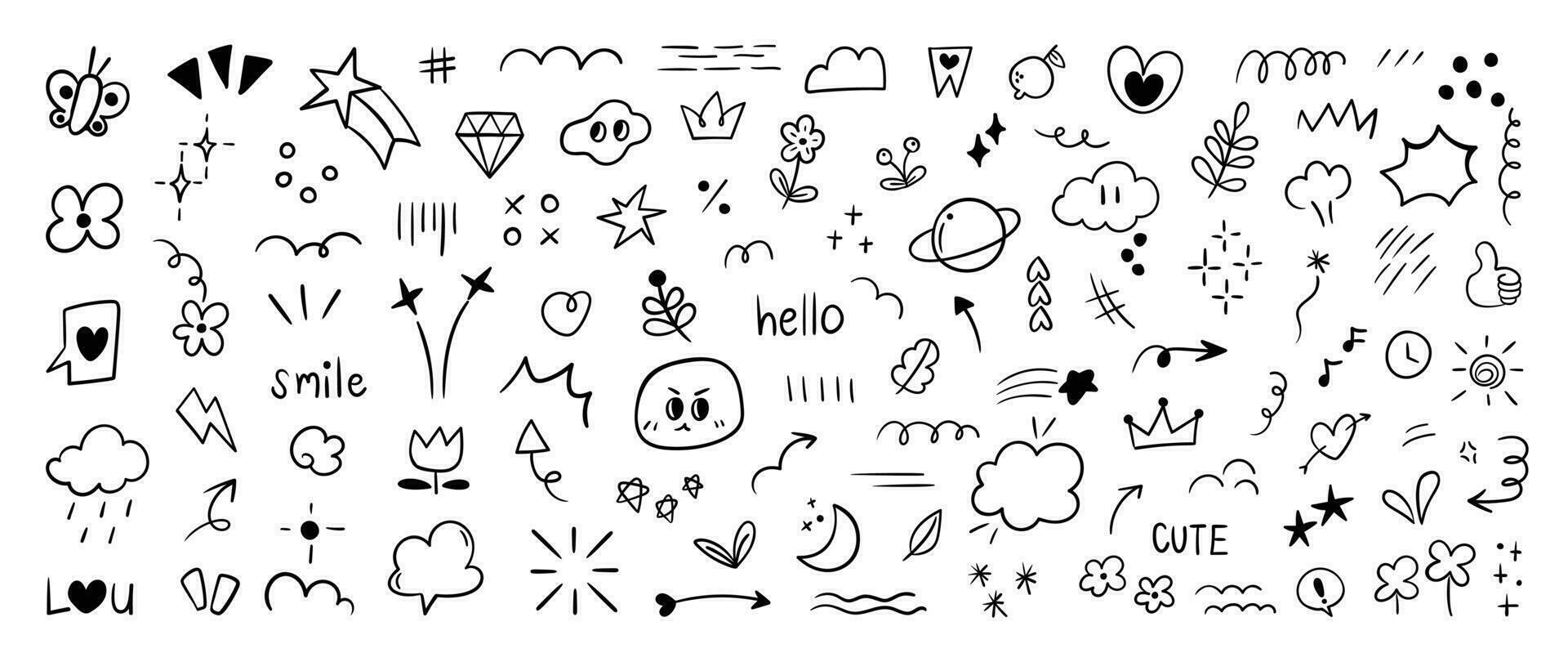 Set of cute pen line doodle element vector. Hand drawn doodle style collection of heart, arrows, scribble, flower, star, butterfly, diamond. Design for print, cartoon, card, decoration, sticker. vector