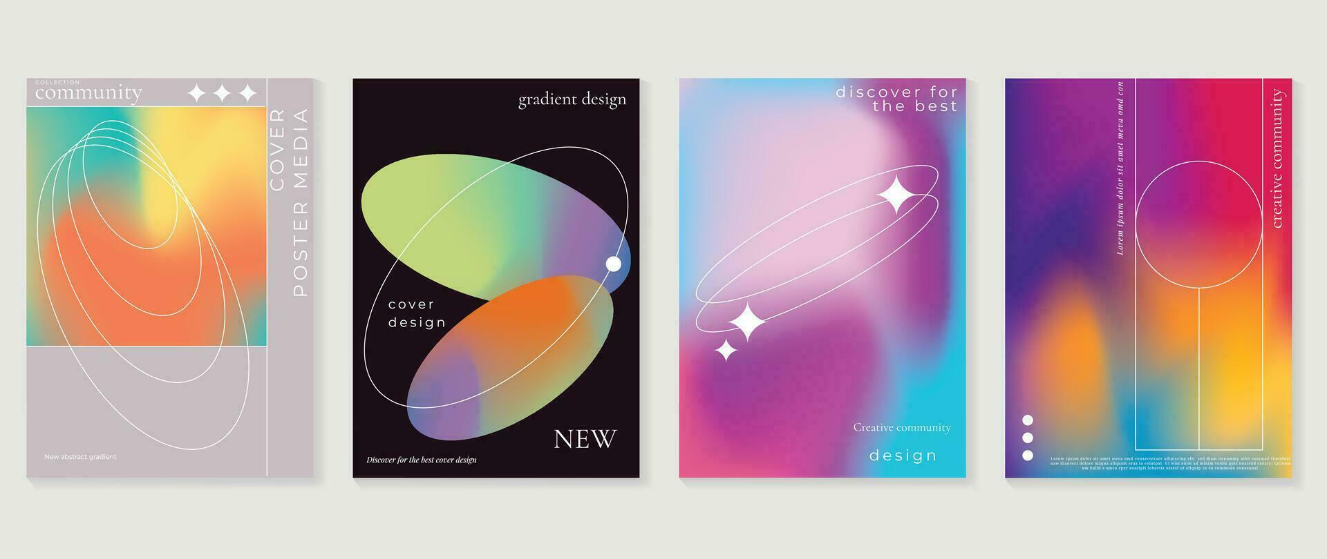 Gradient pastel posters set. Cute gradient holographic background vector with vibrant colors, circle, sparkle. Y2k trendy wallpaper design for social media, cards, banner, flyer, brochure.