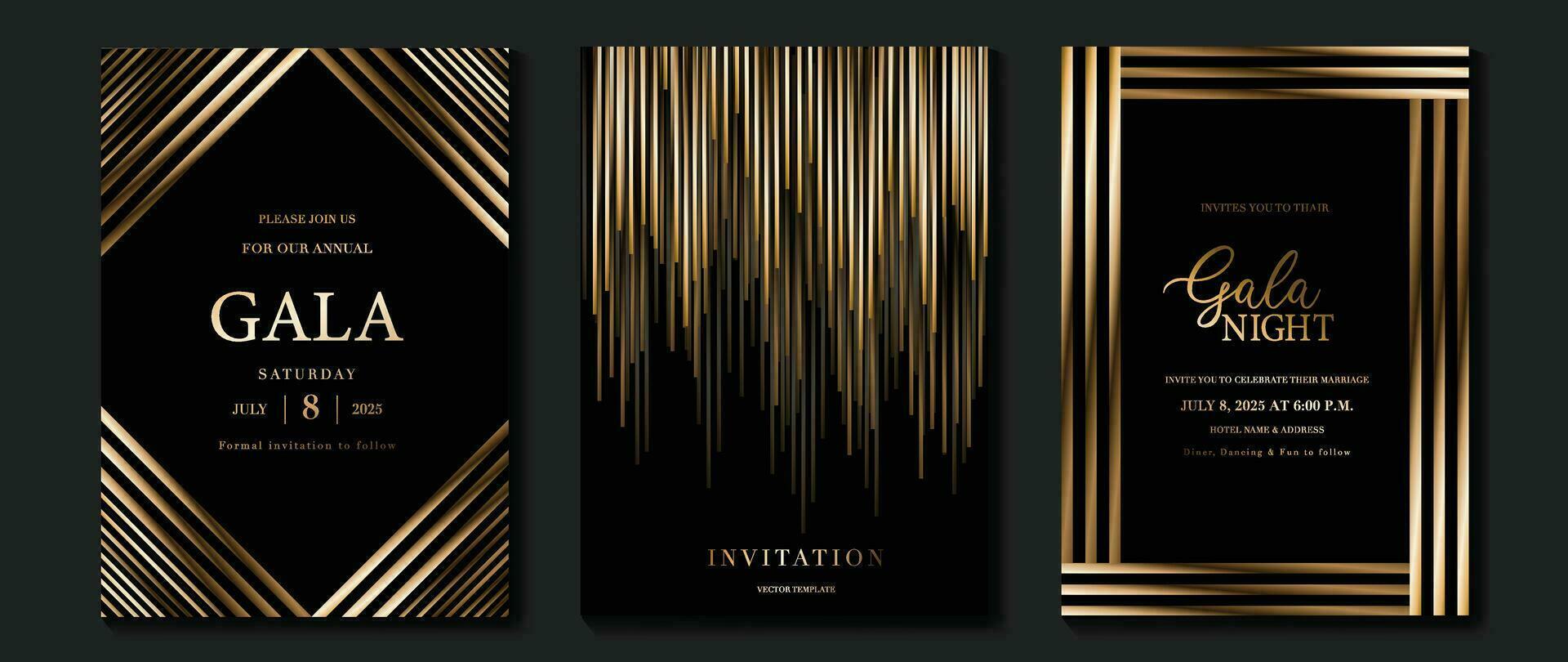 lujo invitación tarjeta antecedentes vector. dorado elegante geométrico forma, oro líneas degradado en oscuro antecedentes. prima diseño ilustración para gala tarjeta, grandioso apertura, boda, fiesta invitación. vector