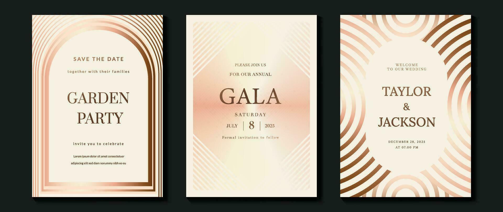 Luxury invitation card background vector. Golden elegant geometric shape, rose gold lines gradient on light background. Premium design illustration for gala card, grand opening, party invitation. vector