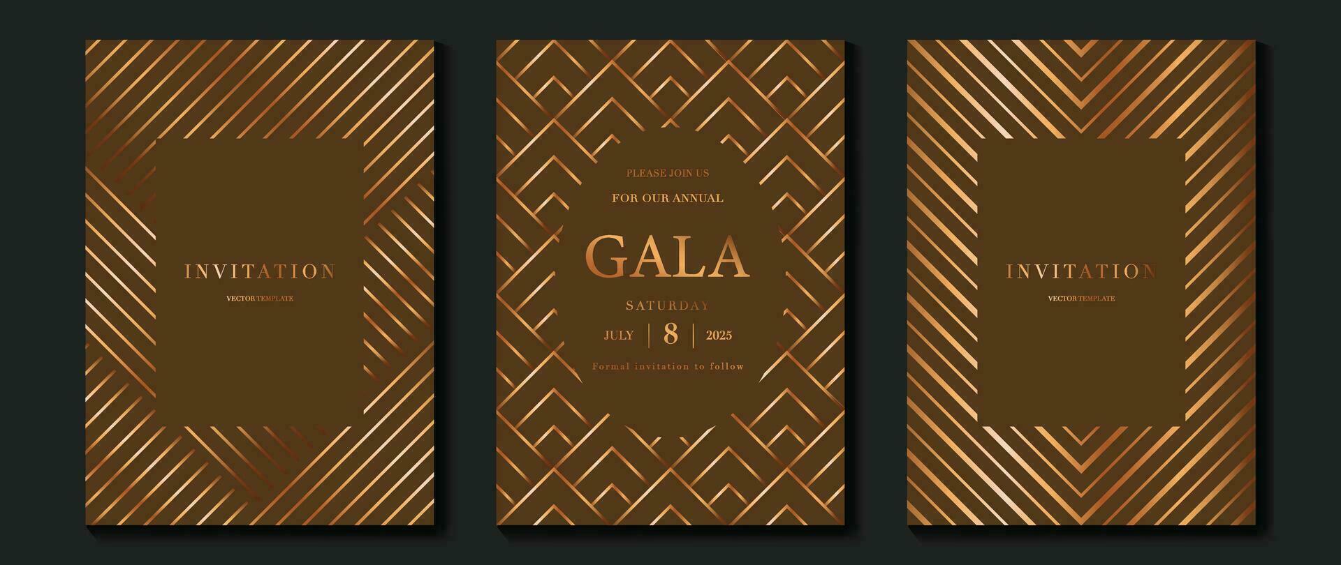 Luxury invitation card background vector. Golden elegant geometric shape, gold lines gradient on brown background. Premium design illustration for gala card, grand opening, party invitation, wedding. vector