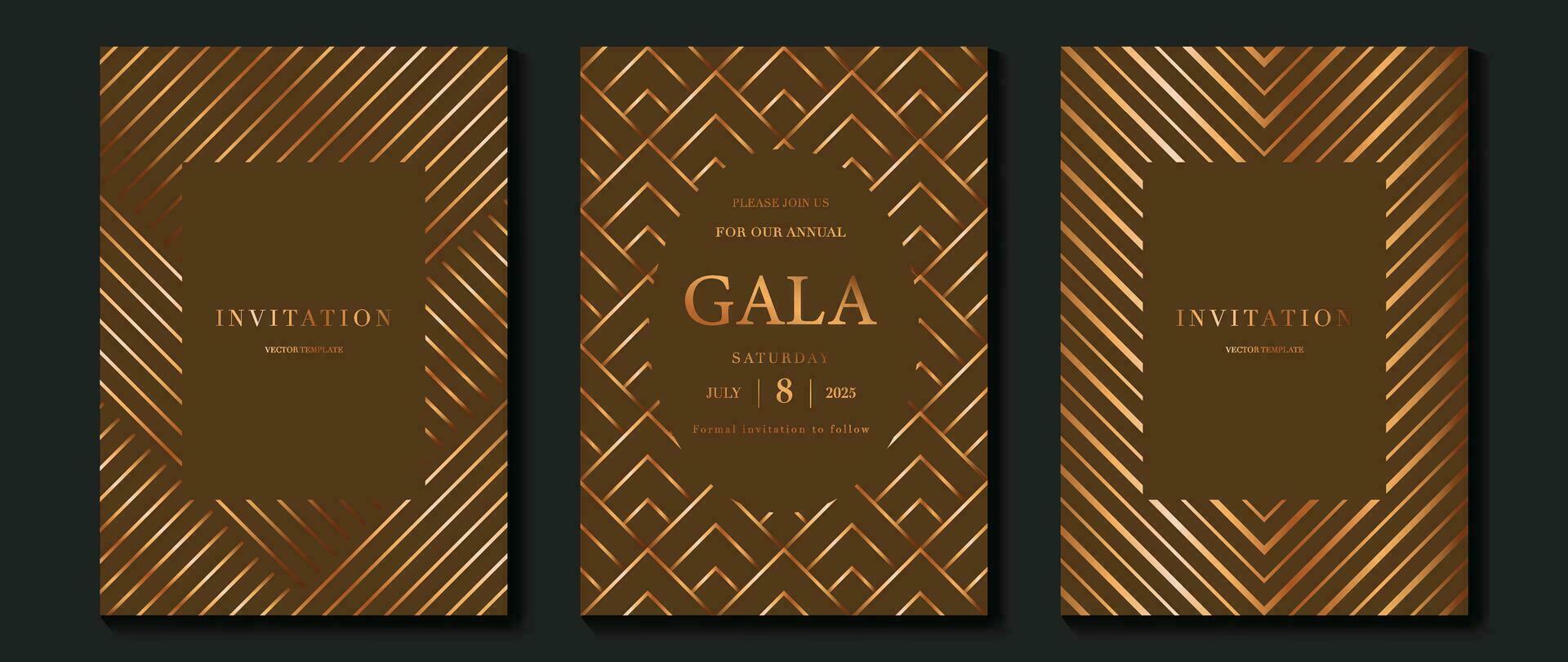 Luxury invitation card background vector. Golden elegant geometric shape, gold lines gradient on brown background. Premium design illustration for gala card, grand opening, party invitation, wedding. vector