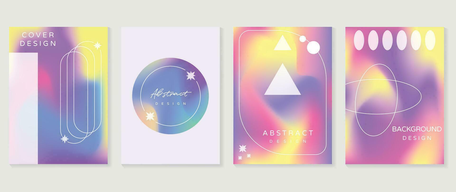 Colorful posters set. Cute gradient holographic background vector with vibrant colors, circle, sparkle, triangle. Y2k trendy wallpaper design for social media, cards, banner, flyer, brochure.