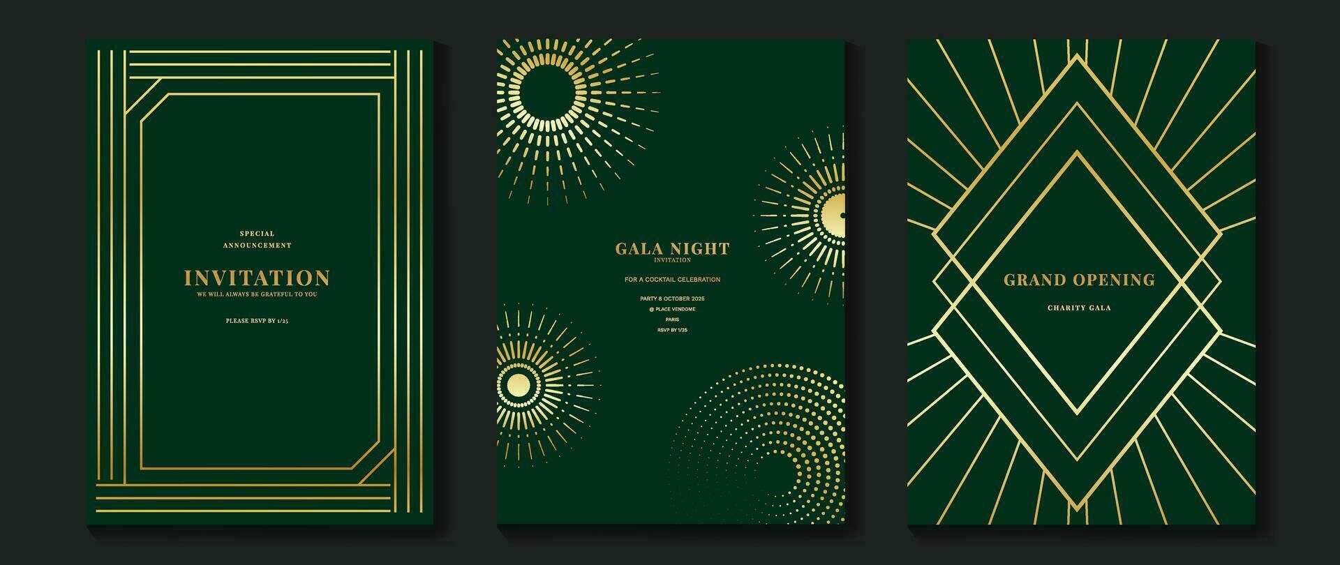 Luxury invitation card background vector. Golden elegant geometric shape, gold line, dot gradient on dark green background. Premium design illustration for gala card, grand opening, party invitation. vector