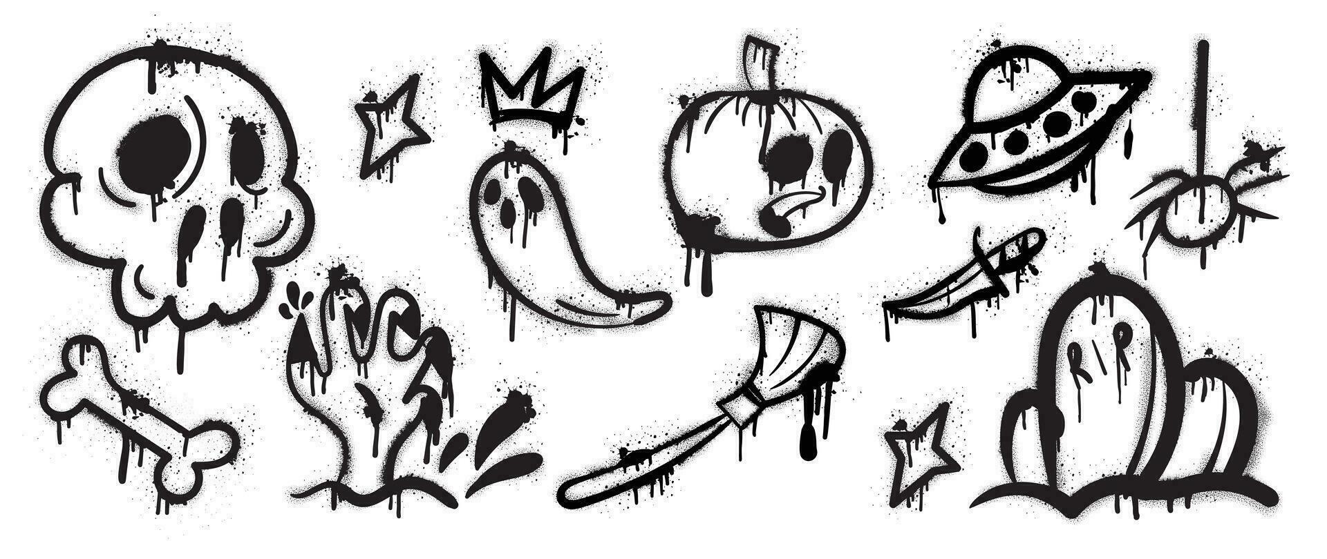 Set of graffiti spray pattern. Collection of halloween symbol, ghost spirit, ufo, broom, pumpkin with spray texture. Element on white background for sticker, banner, decoration, street art, halloween. vector