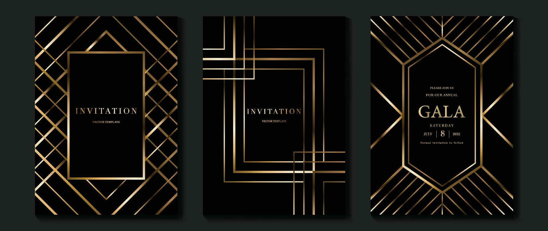 Luxury invitation card background vector. Golden elegant geometric shape, gold lines gradient on dark background. Premium design illustration for gala card, grand opening, party invitation, wedding. vector