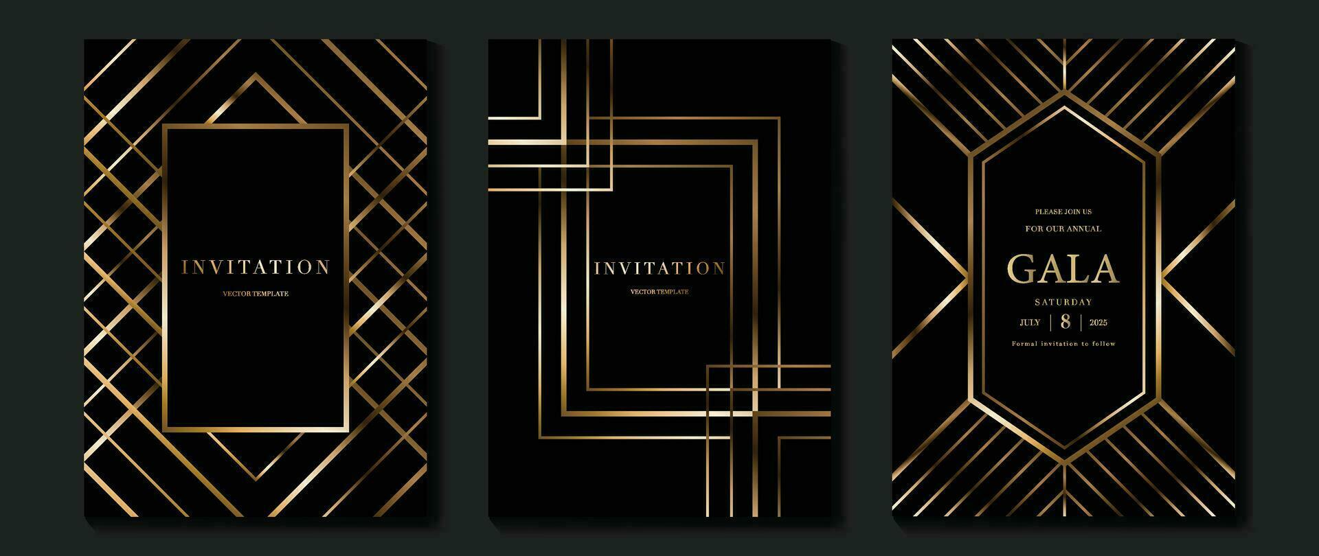 lujo invitación tarjeta antecedentes vector. dorado elegante geométrico forma, oro líneas degradado en oscuro antecedentes. prima diseño ilustración para gala tarjeta, grandioso apertura, fiesta invitación, boda. vector