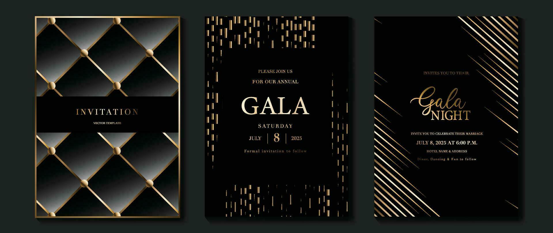 Luxury invitation card background vector. Golden elegant geometric shape, gold lines gradient on dark background. Premium design illustration for gala card, grand opening, party invitation, wedding. vector