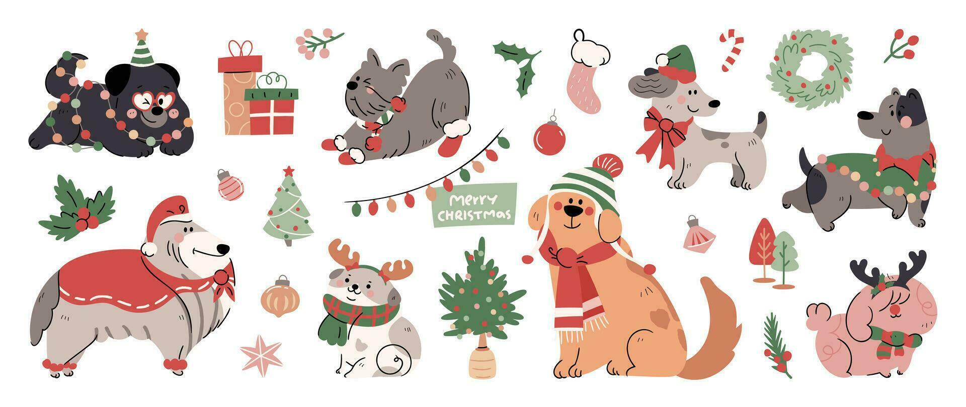 alegre Navidad y contento nuevo año concepto antecedentes vector. colección dibujo de linda perros con decorativo bufanda, cinta, sombrero. diseño adecuado para bandera, invitación, tarjeta, saludo, bandera, cubrir. vector