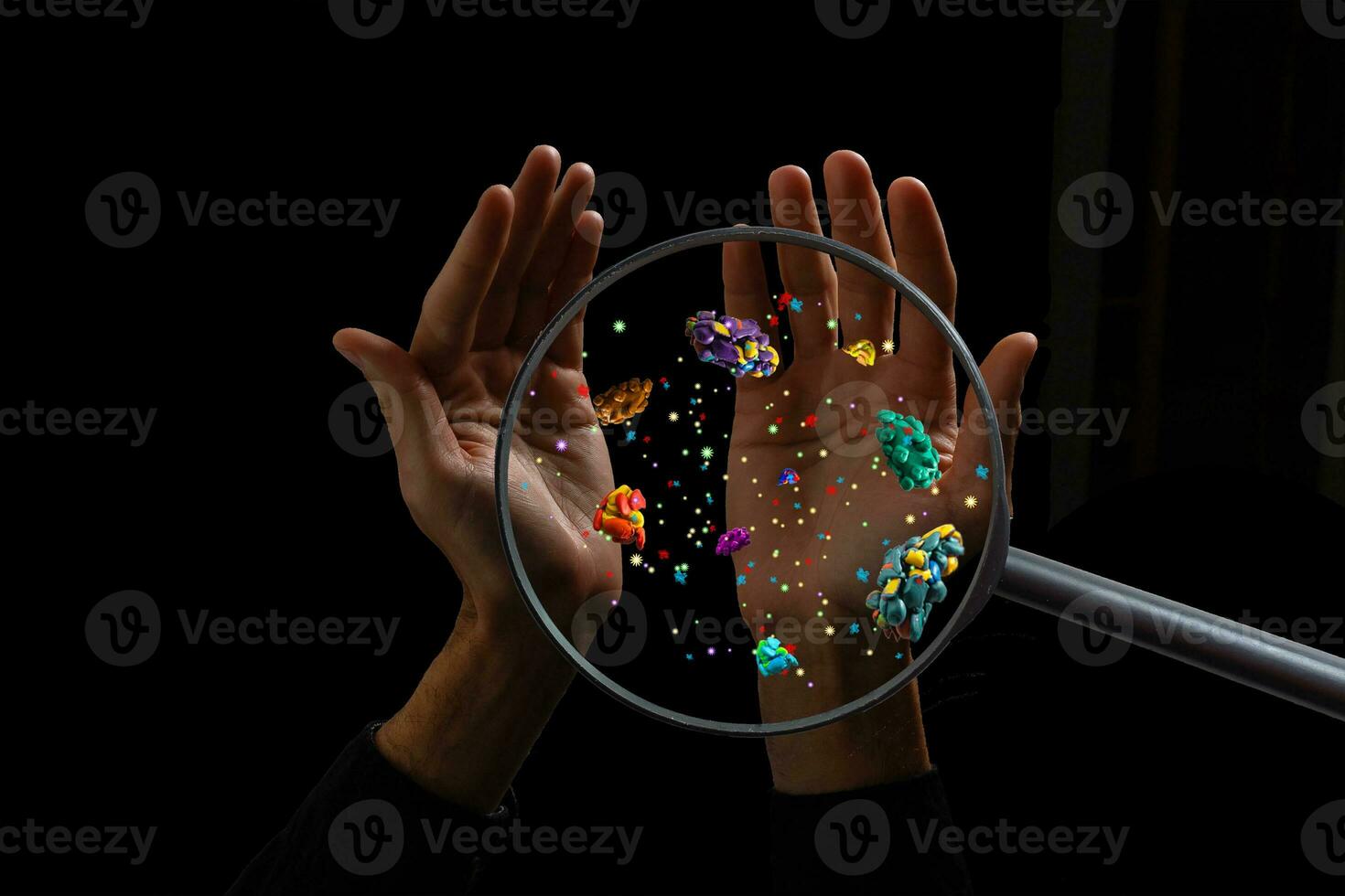 Close up on a sick man hand through magnifying glass transmitting virus by skin contact 3D rendering photo