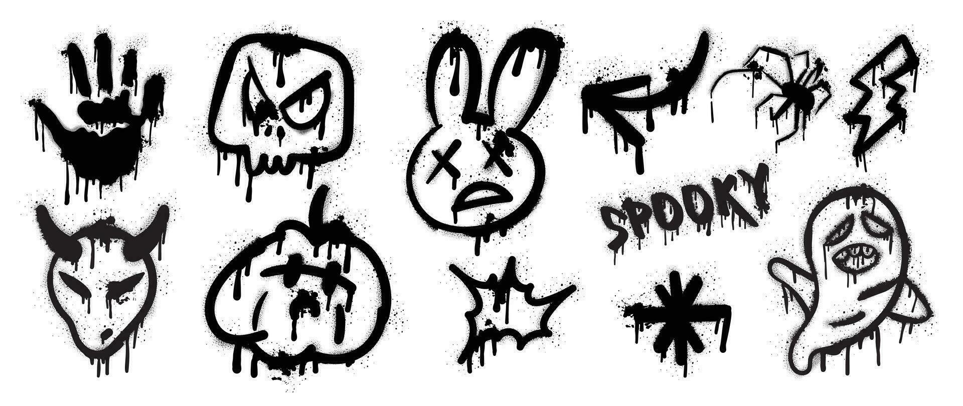 Set of graffiti spray pattern. Collection of halloween symbol, ghost spirit, skull, pumpkin with spray texture. Element on white background for sticker, banner, decoration, street art, halloween. vector