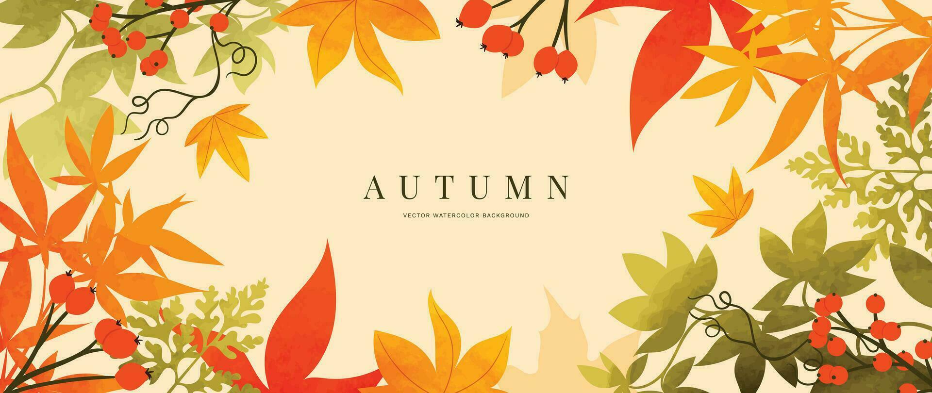 Autumn foliage in watercolor vector background. Abstract wallpaper design with maple and oak leaf, flower, line art. Elegant botanical in fall season illustration suitable for fabric, prints, cover.