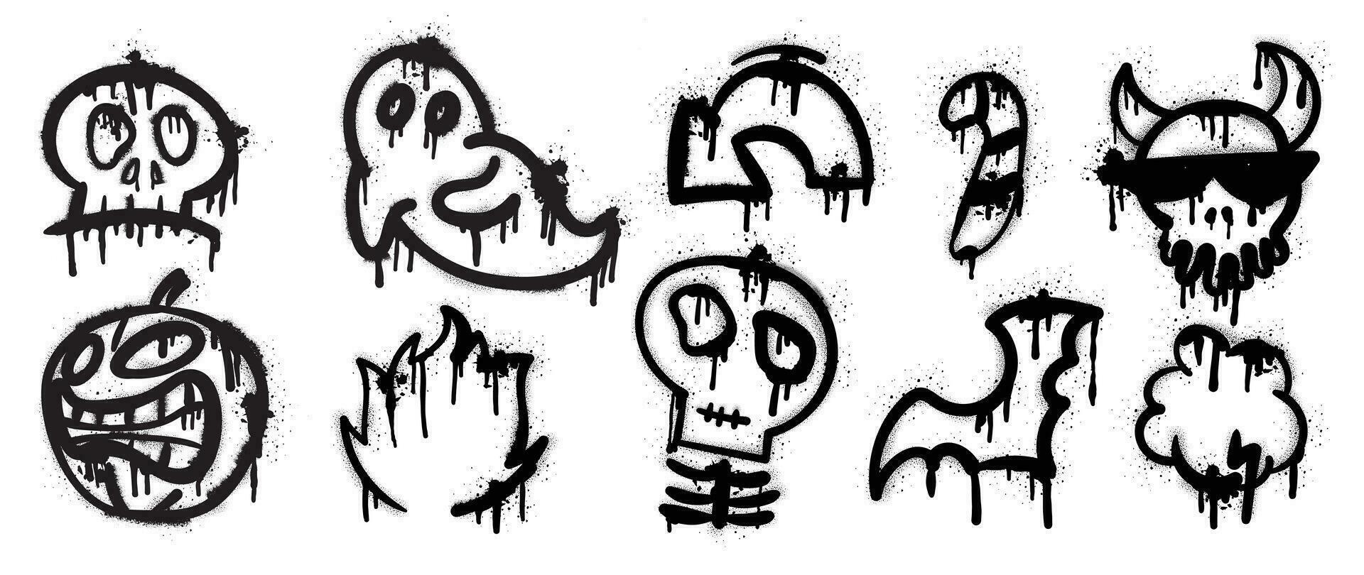 Set of graffiti spray pattern. Collection of halloween symbol, ghost spirit, bat, candy, pumpkin with spray texture. Element on white background for sticker, banner, decoration, street art, halloween. vector