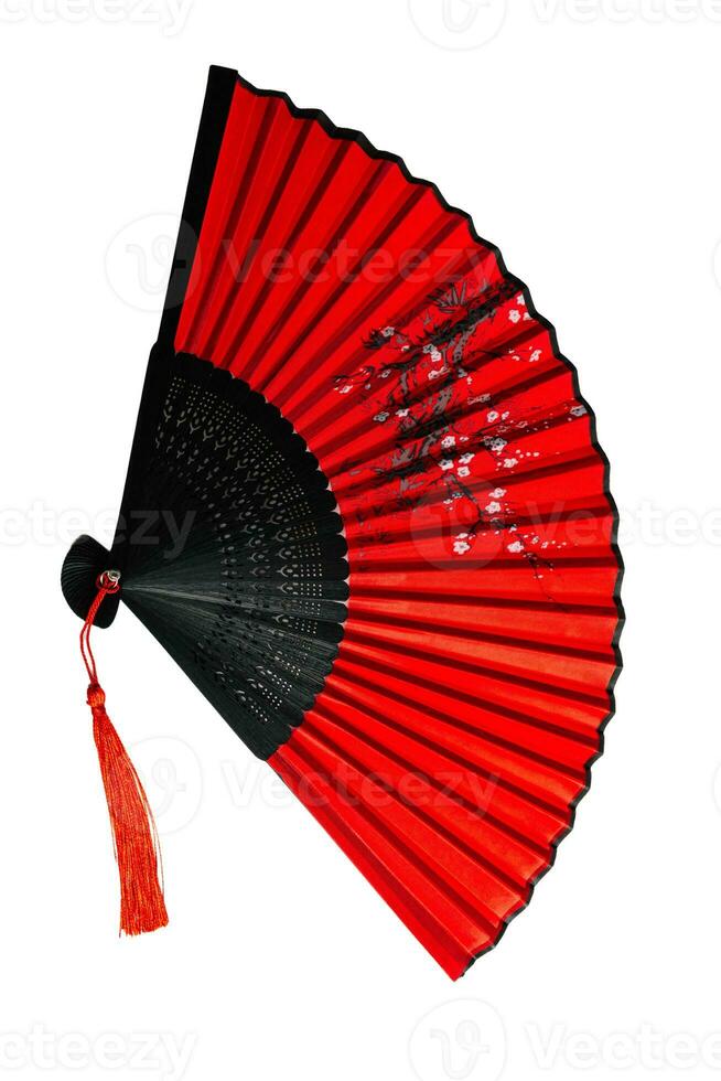 Traditional Japanese red fan, isolated on white or transparent background. photo