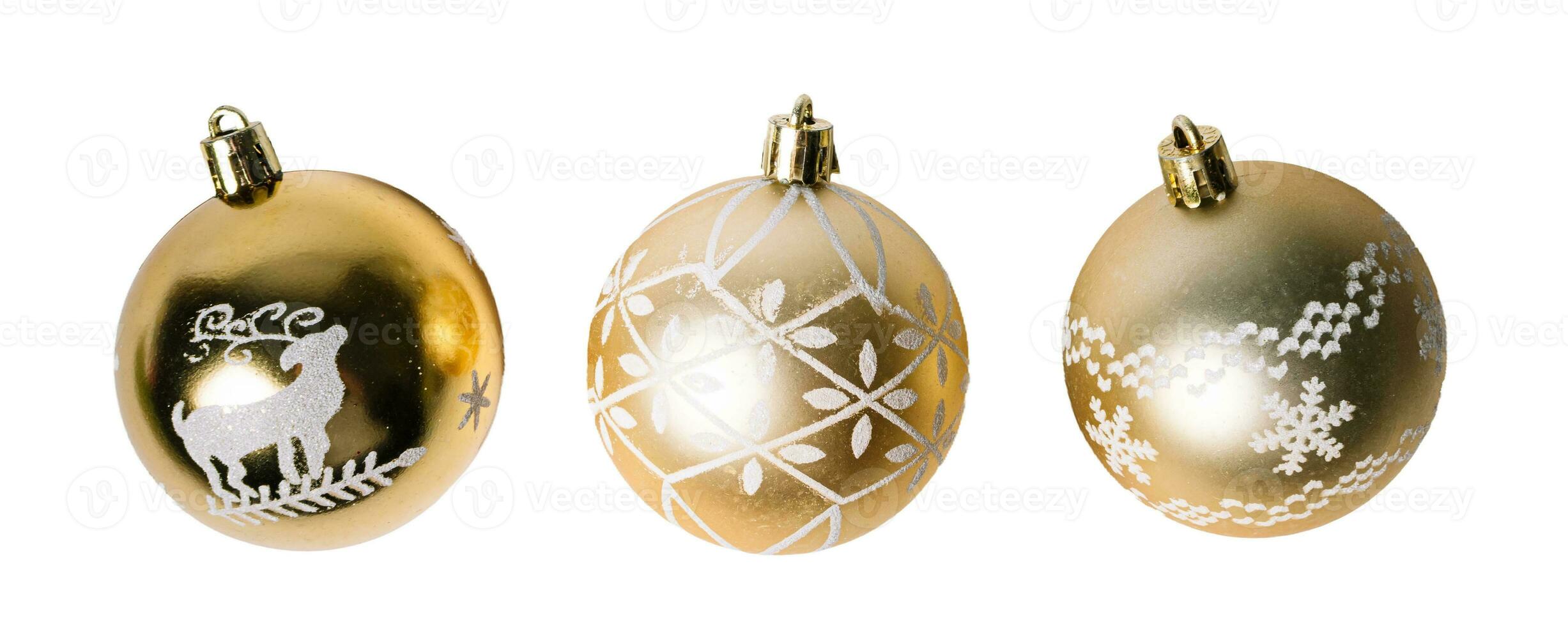 Gold Ornamental Christmas balls, isolated on white or transparent background. photo