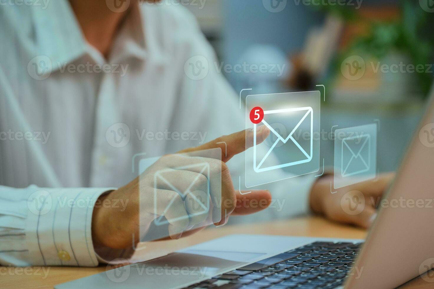 Business email, global communications, digital marketing. Businessman uses smartphone email and world on virtual screen. Message from Email Connection Message to Email Contact Global Letter photo