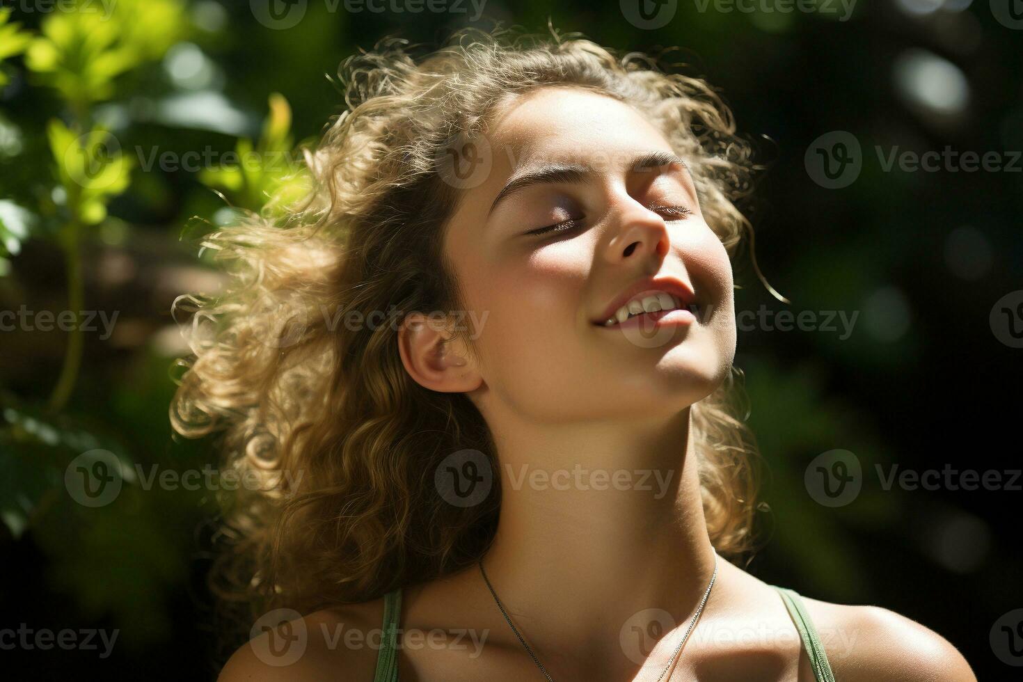 AI generated Happy smiling girl with curly hair sits among friends radiating warmth and support during mindfulness retreat photo