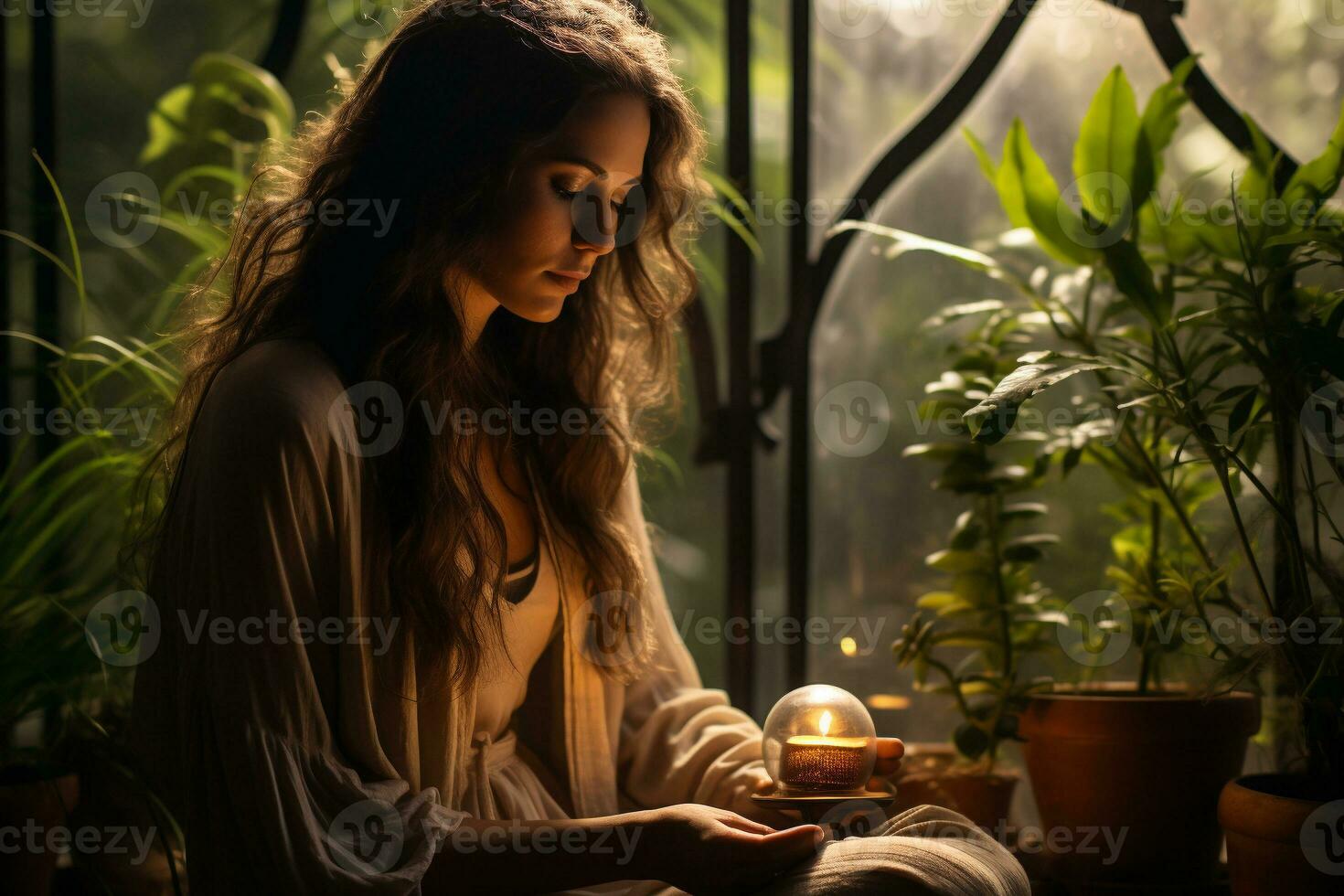 AI generated Happy smiling girl with curly hair sits among friends radiating warmth and support during mindfulness retreat photo