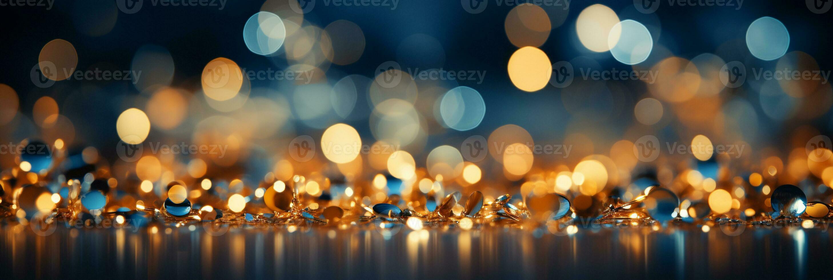 AI generated Panoramic background with colorful bokeh effect. Golden abstract lights on dark Holiday illumination and decoration concept photo