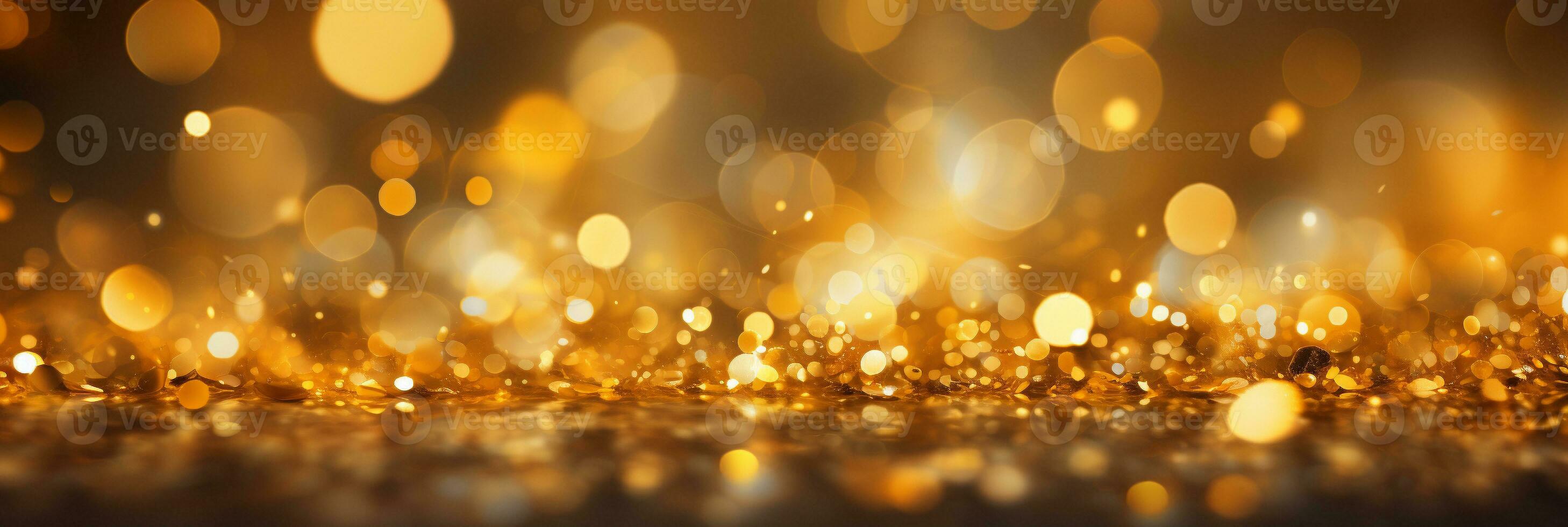 AI generated Panoramic background with colorful bokeh effect. Golden abstract lights on dark Holiday illumination and decoration concept photo