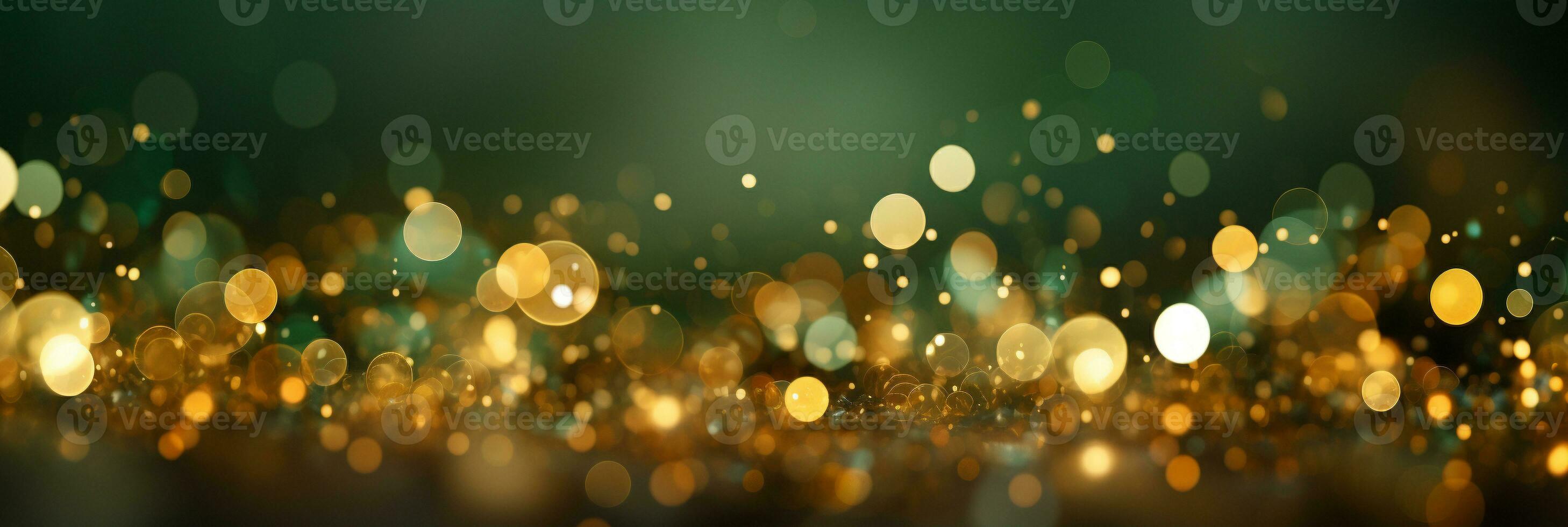 AI generated Panoramic background with colorful bokeh effect. Golden abstract lights on dark Holiday illumination and decoration concept photo