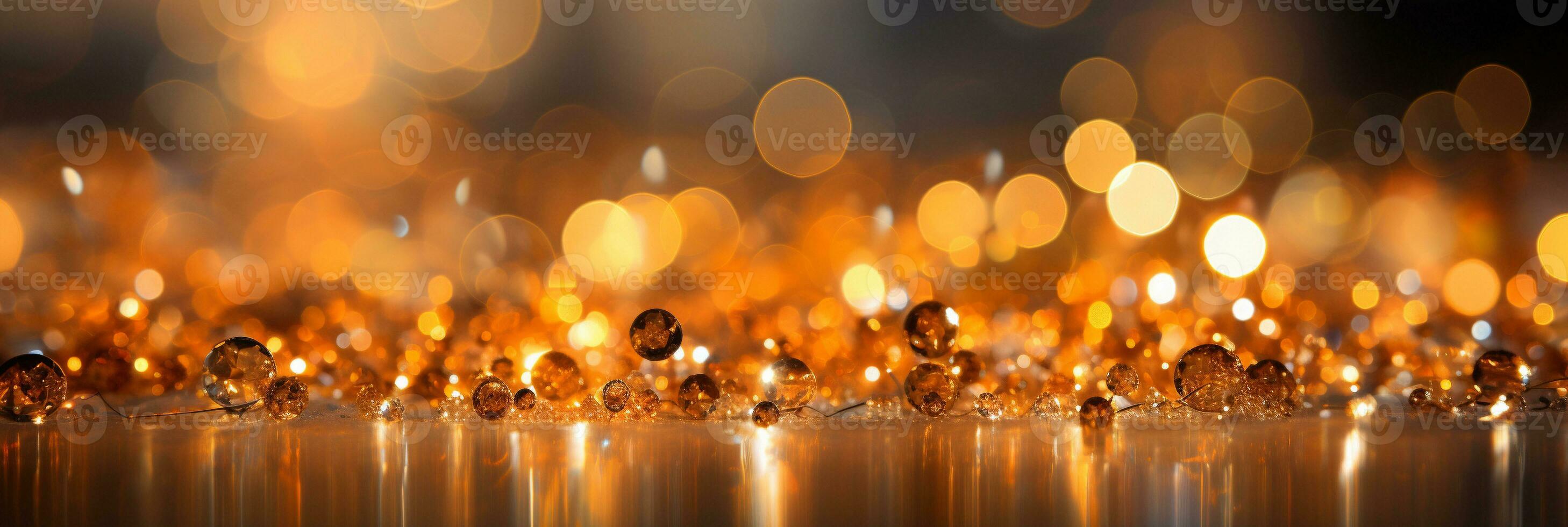 AI generated Panoramic background with colorful bokeh effect. Golden abstract lights on dark Holiday illumination and decoration concept photo