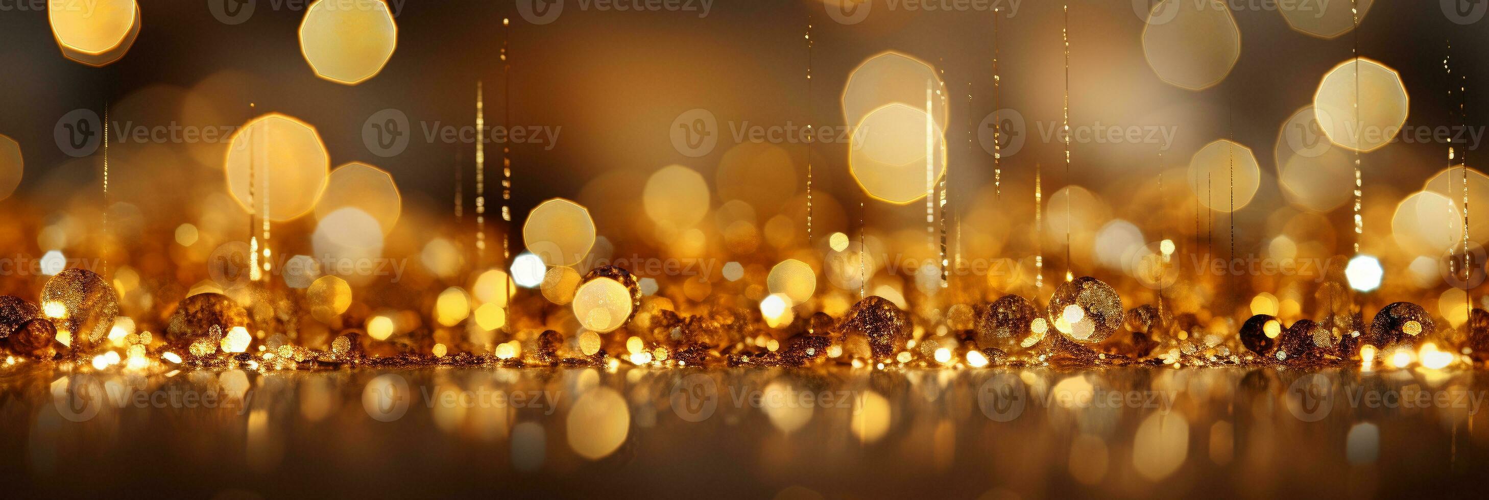 AI generated Panoramic background with colorful bokeh effect. Golden abstract lights on dark Holiday illumination and decoration concept photo