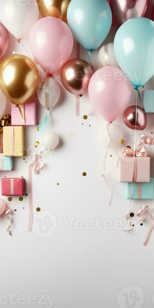 AI generated Birthday party banner white and gold composition, giftbox, balloons, confetti, concept giftcard, copy space, white background photo