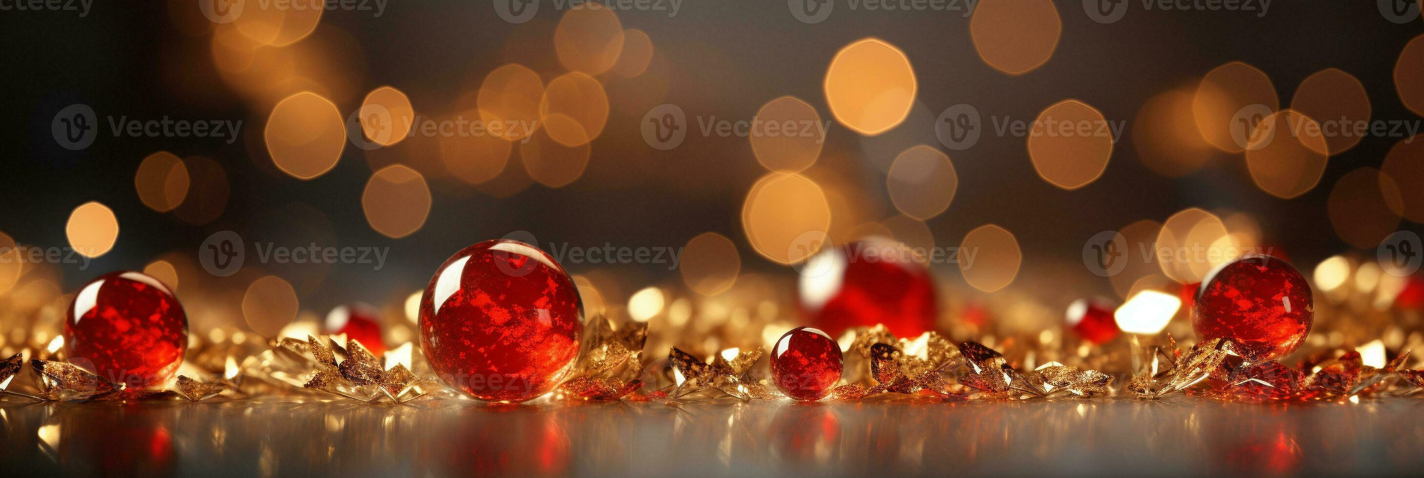 AI generated Panoramic background with colorful bokeh effect. Golden abstract lights on dark Holiday illumination and decoration concept photo