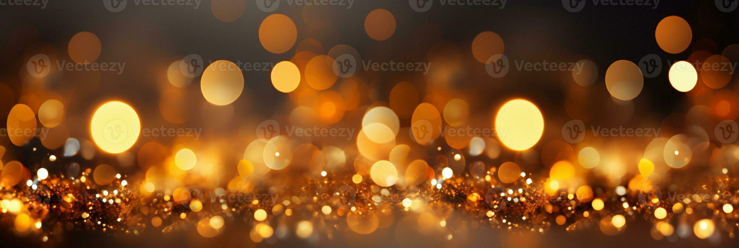 AI generated Panoramic background with colorful bokeh effect. Golden abstract lights on dark Holiday illumination and decoration concept photo