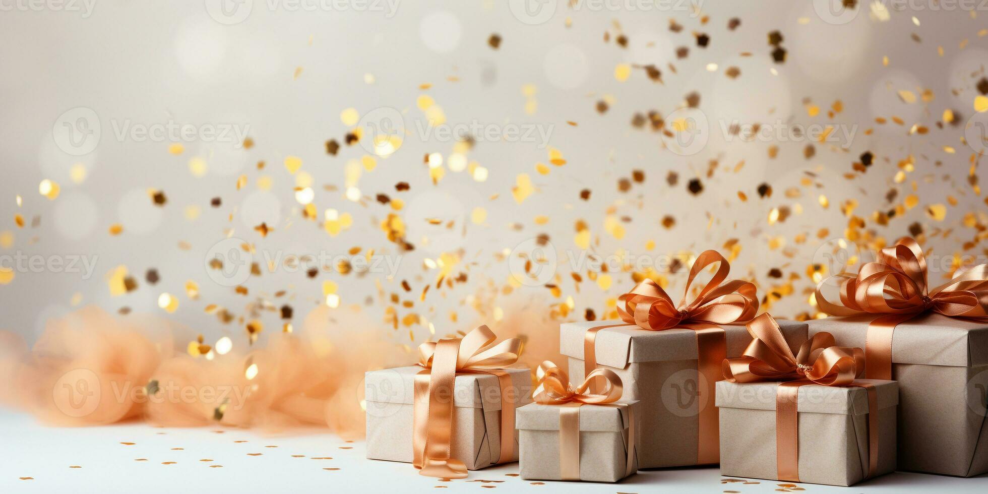 AI generated Birthday party banner white and gold composition, giftbox, balloons, confetti, concept giftcard, copy space, white background photo