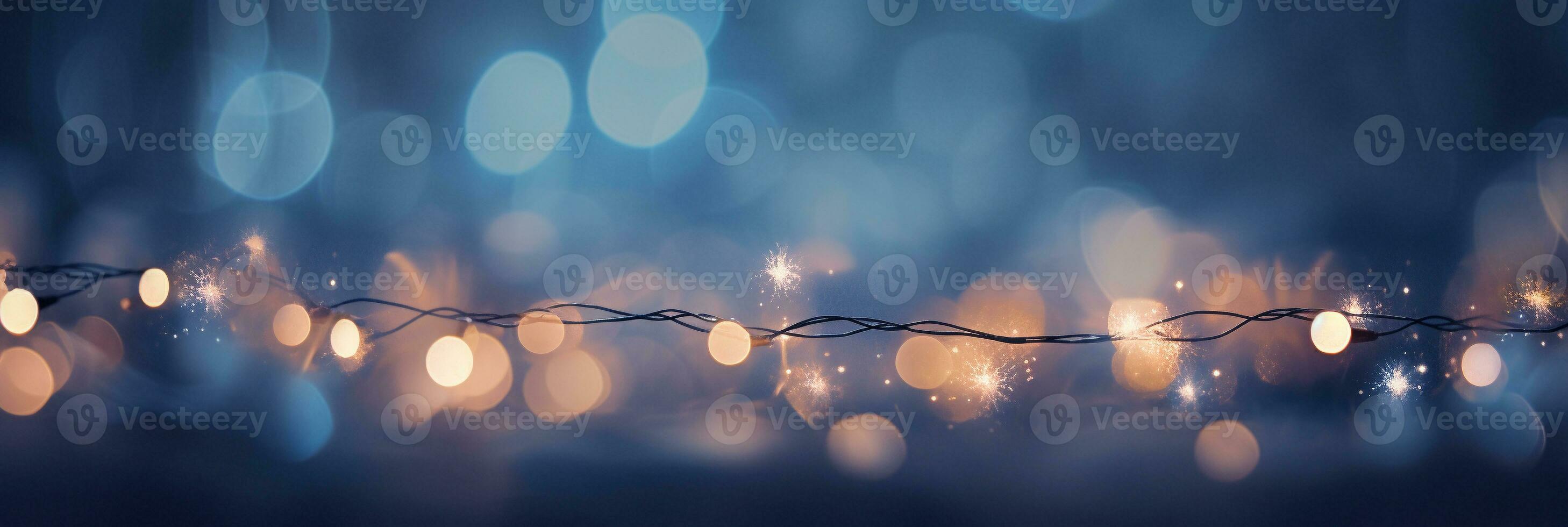 AI generated Panoramic background with colorful bokeh effect. Golden abstract lights on dark Holiday illumination and decoration concept photo