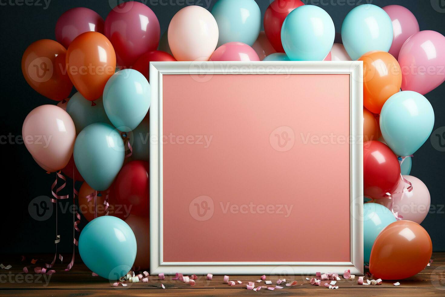 AI generated Festive birthday banner concept gold flat lay composition with balls ribbons, confetti, glitter giftcard copy space background photo