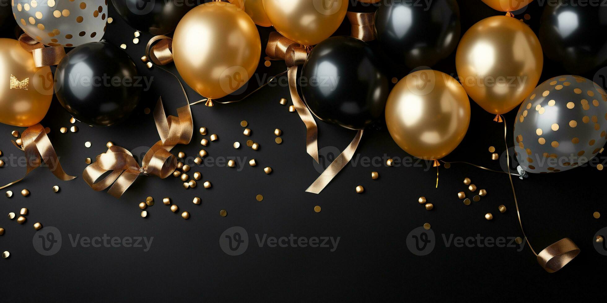 AI generated Festive birthday banner concept gold flat lay composition with balls ribbons, confetti, glitter giftcard copy space background photo