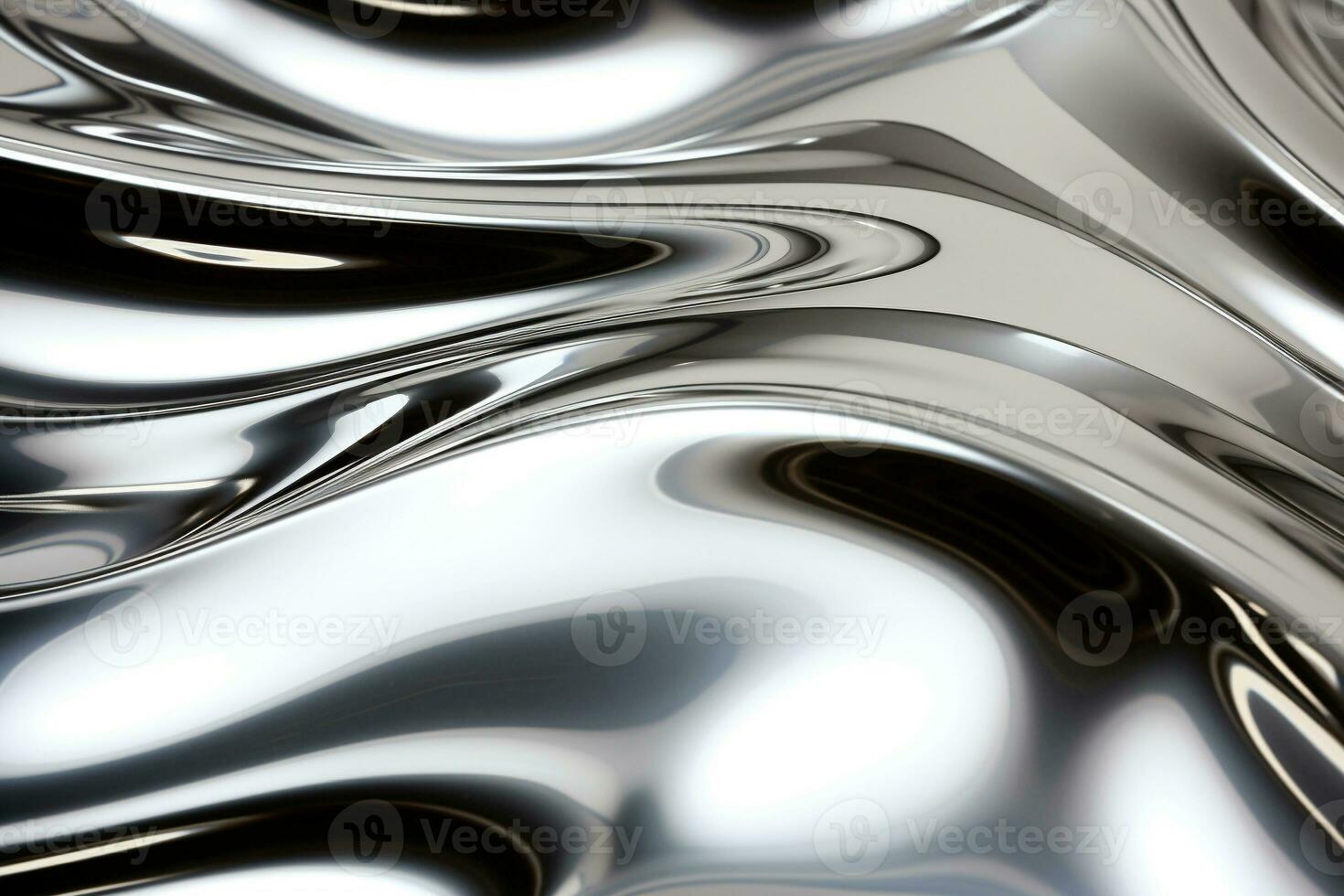 Close up texture of liquid glossy silver metal fluid gradient waves abstract background. Ai generated photo