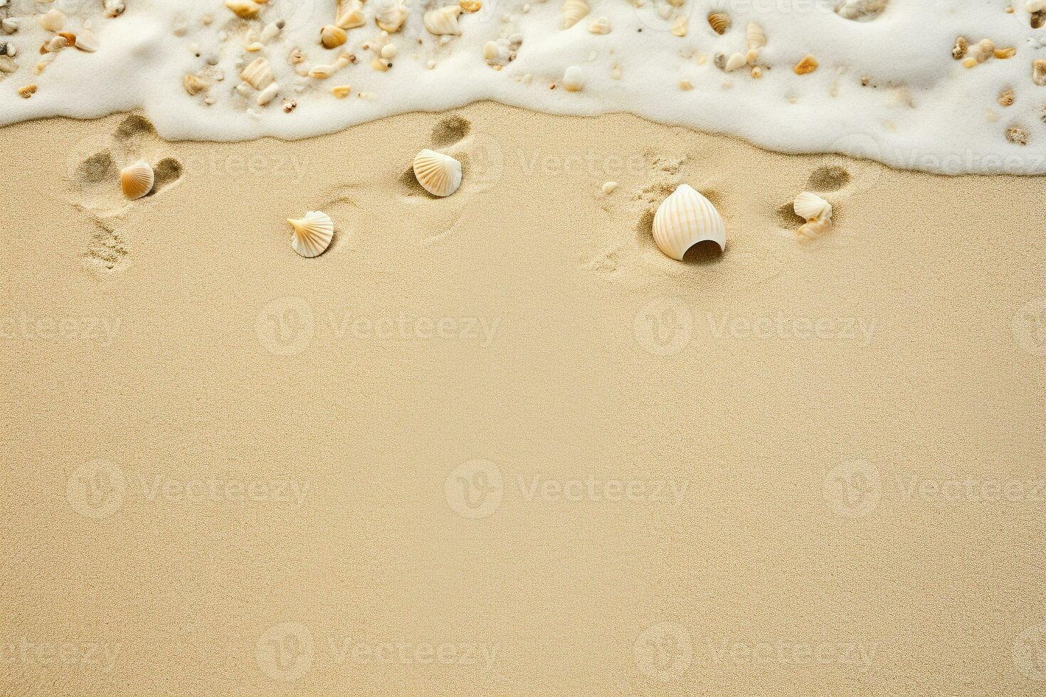 Sandy beach texture with seashells and footprints. Ai generated photo