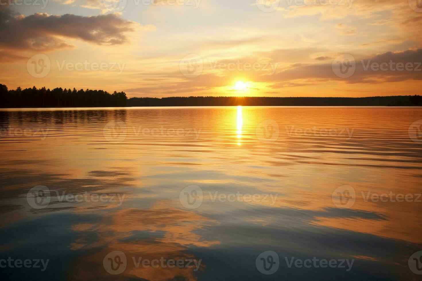 Sunset reflection on a calm lake surface. Ai generated photo