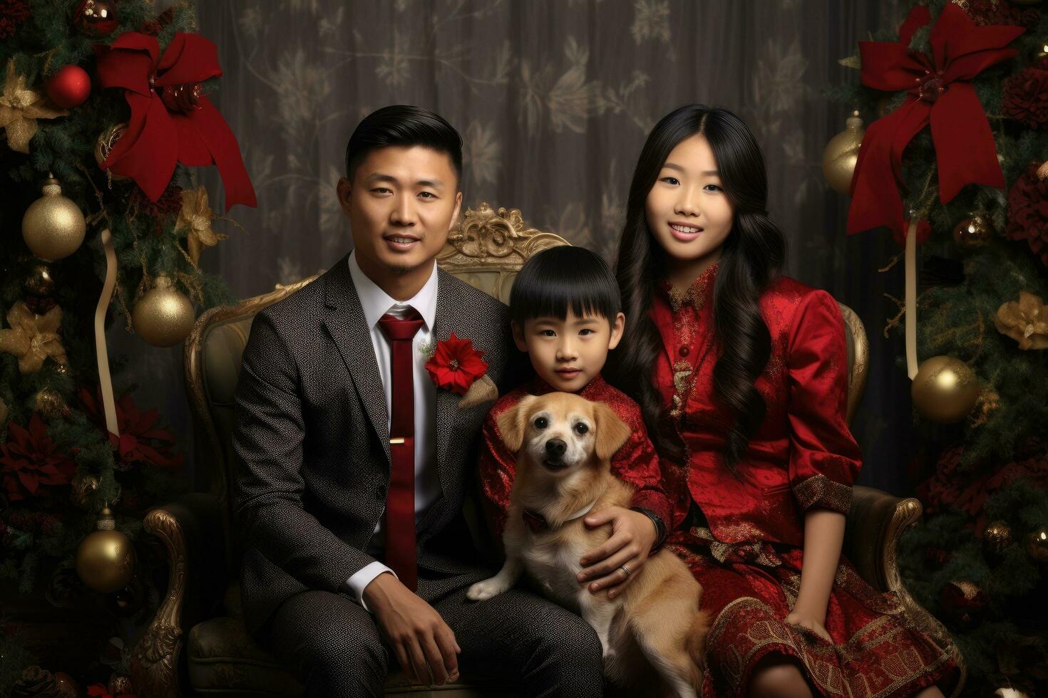 AI generated asian family in red dress on christmas tree background, asian family, Asian family posing for Christmas photograph, AI Generated photo