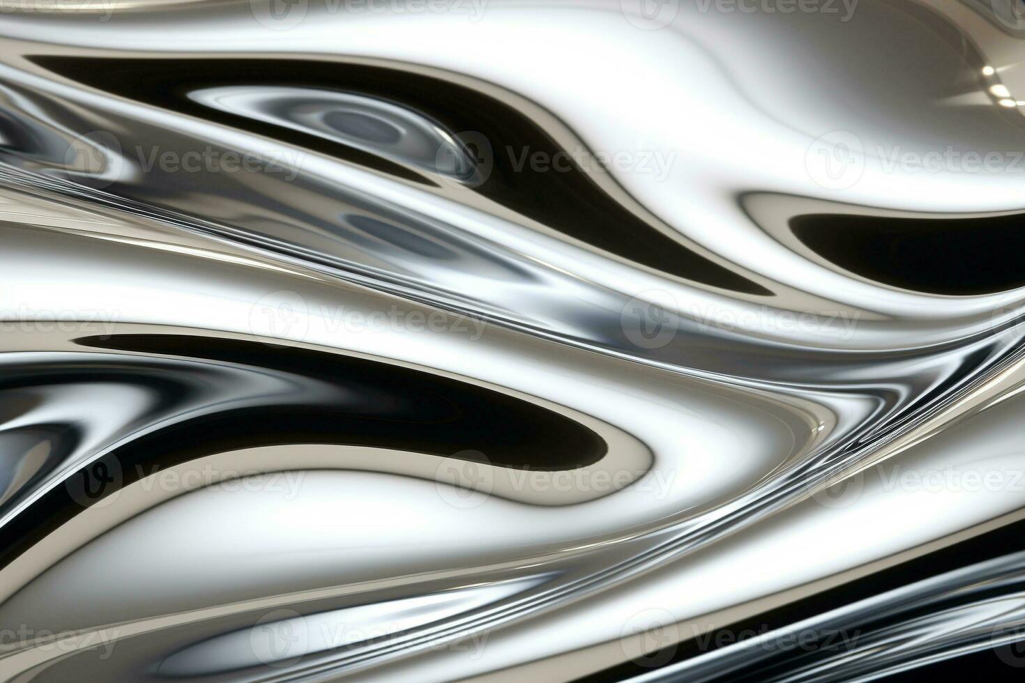 Close up texture of liquid glossy silver metal fluid gradient waves abstract background. Ai generated photo