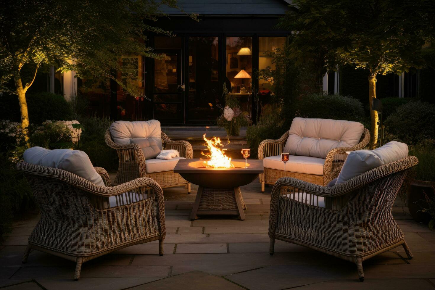 AI generated Outdoor patio with wicker chairs and a bonfire at night, An image of a beautiful outdoor seating area, with several luxurious chairs arranged around a fire pit, AI Generated photo