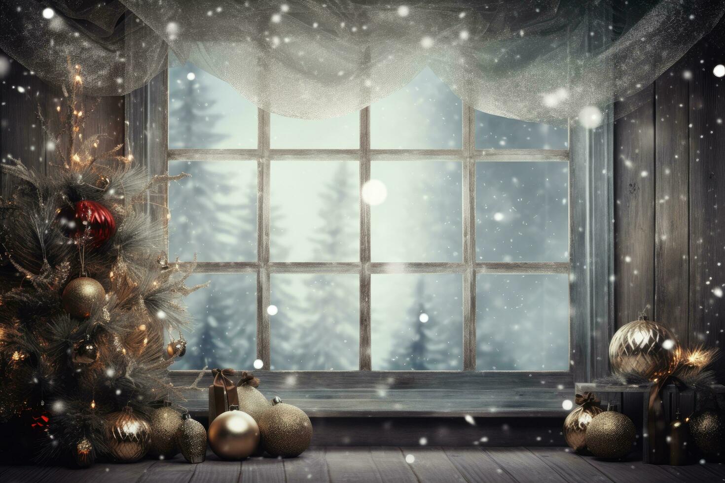 AI generated Christmas interior with window and christmas tree. Winter holiday concept, Christmas decor background, AI Generated photo