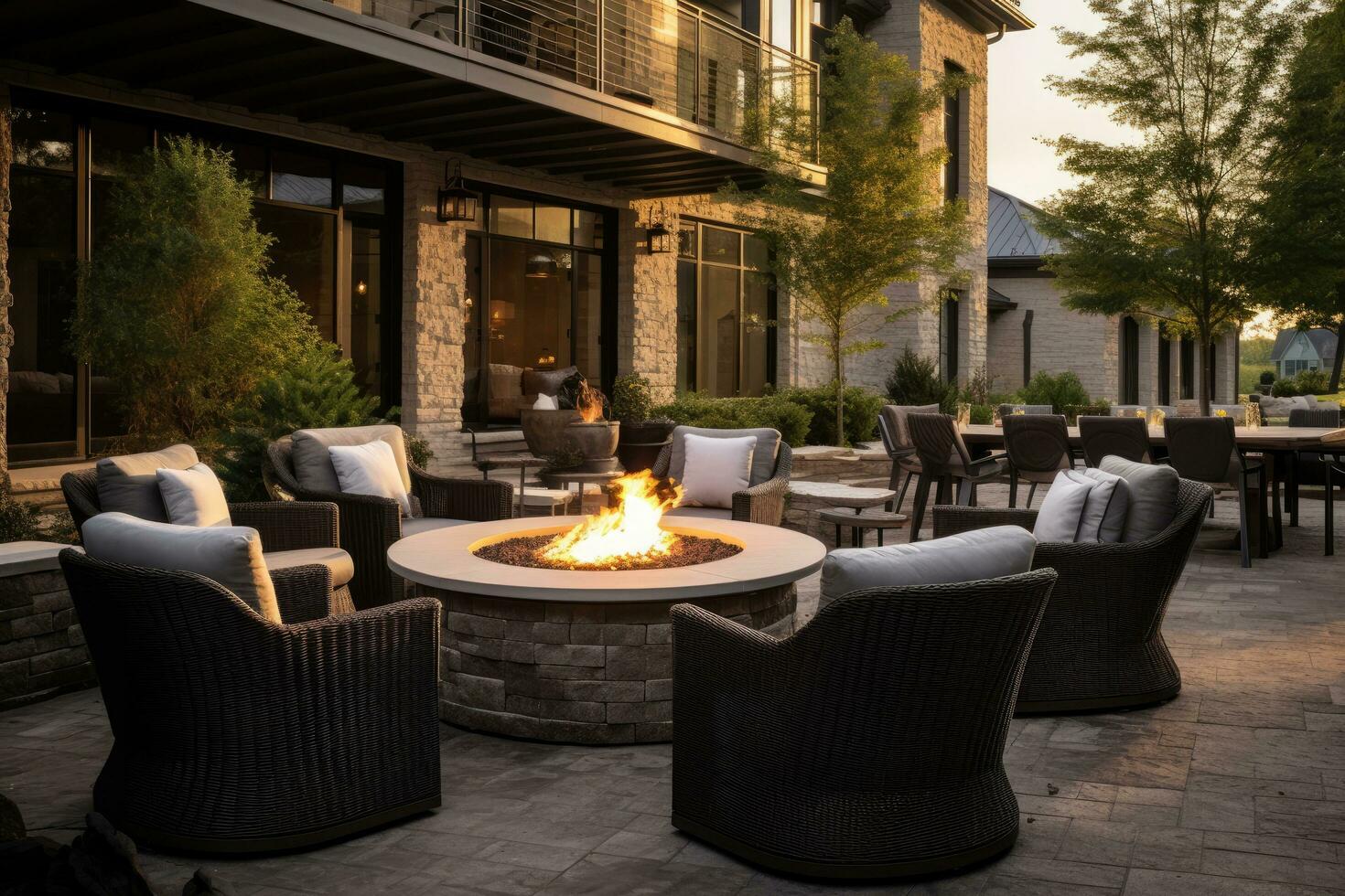 AI generated Outdoor patio with fireplace and armchairs in a luxury house, An image of a beautiful outdoor seating area, with several luxurious chairs arranged around a fire pit, AI Generated photo