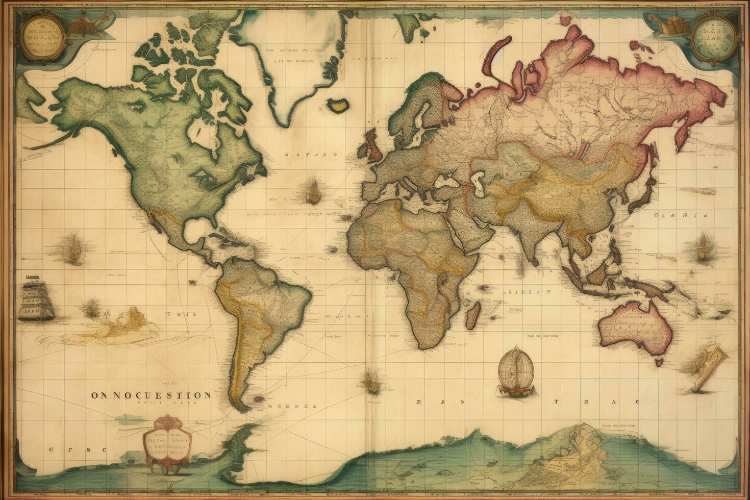 AI generated Old map of the world. Vintage style. Old paper texture, Antique World Map on Mercators Projection, AI Generated photo