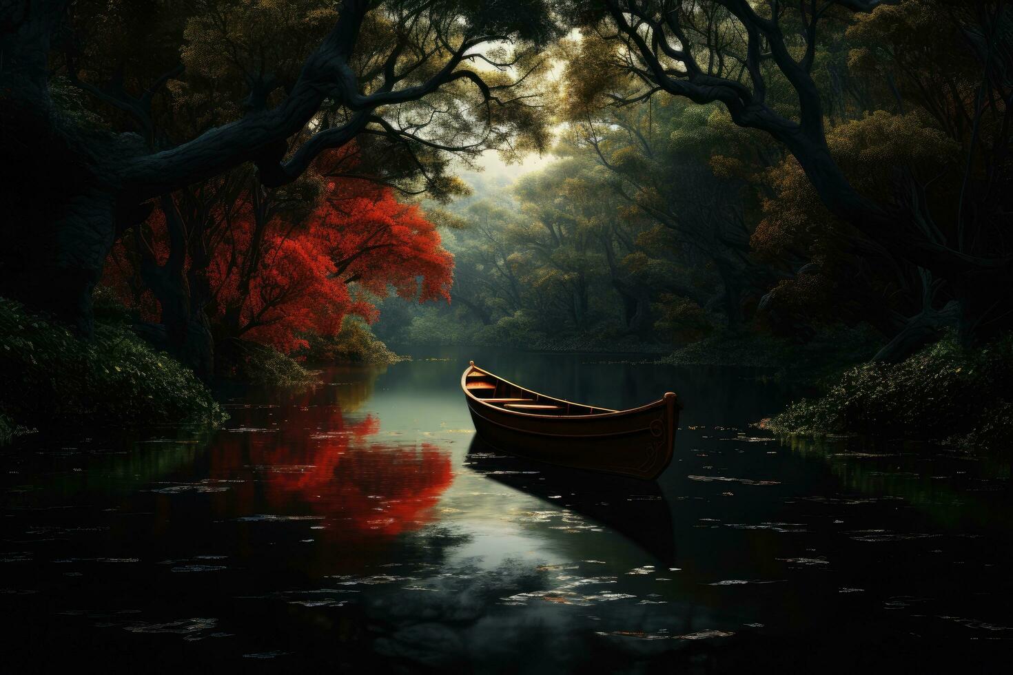 AI generated Fantasy landscape with a wooden boat on the lake. 3d render, boat on the river, AI Generated photo