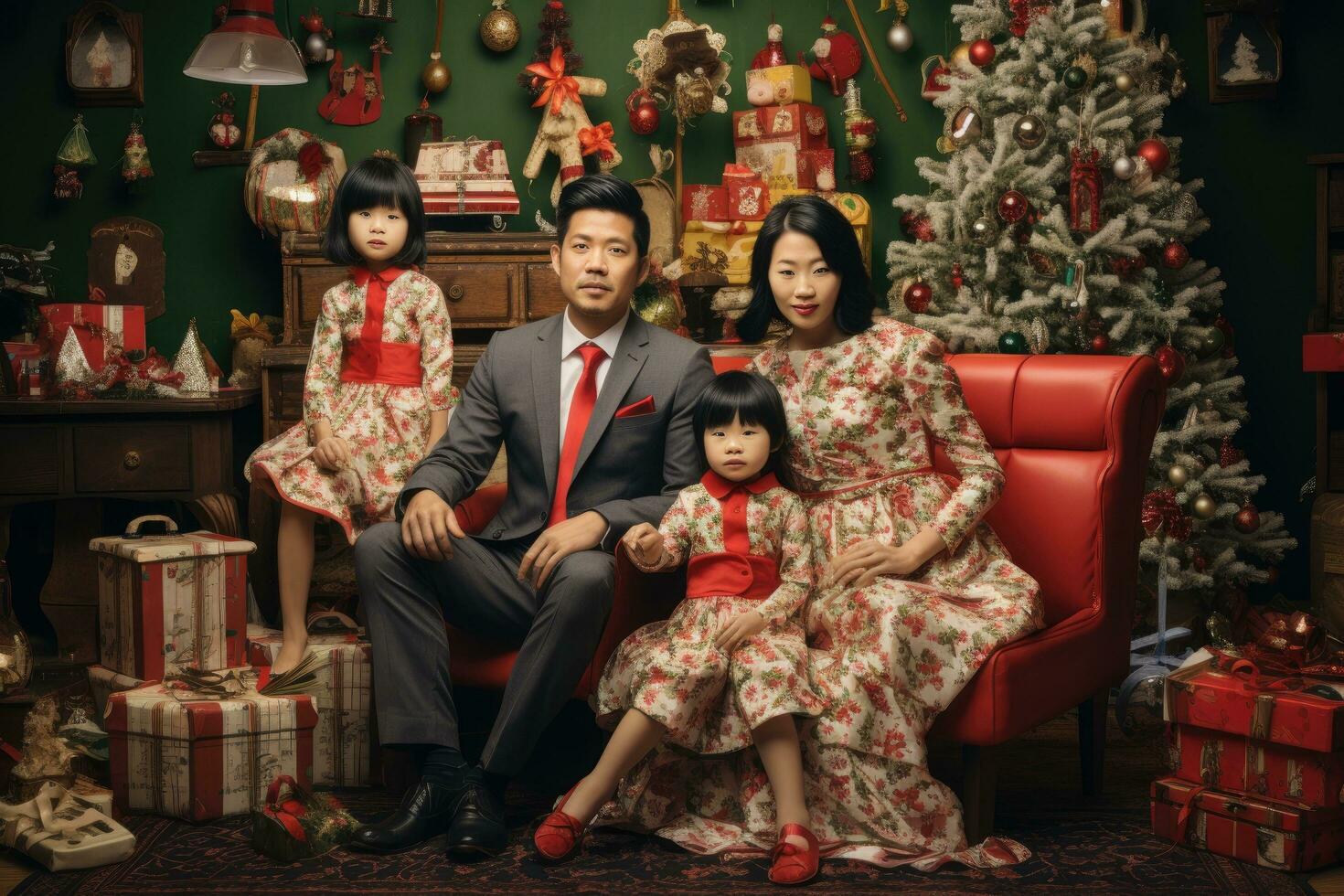 AI generated Asian family sitting on red sofa in room decorated for christmas, Asian family posing for Christmas photograph, AI Generated photo