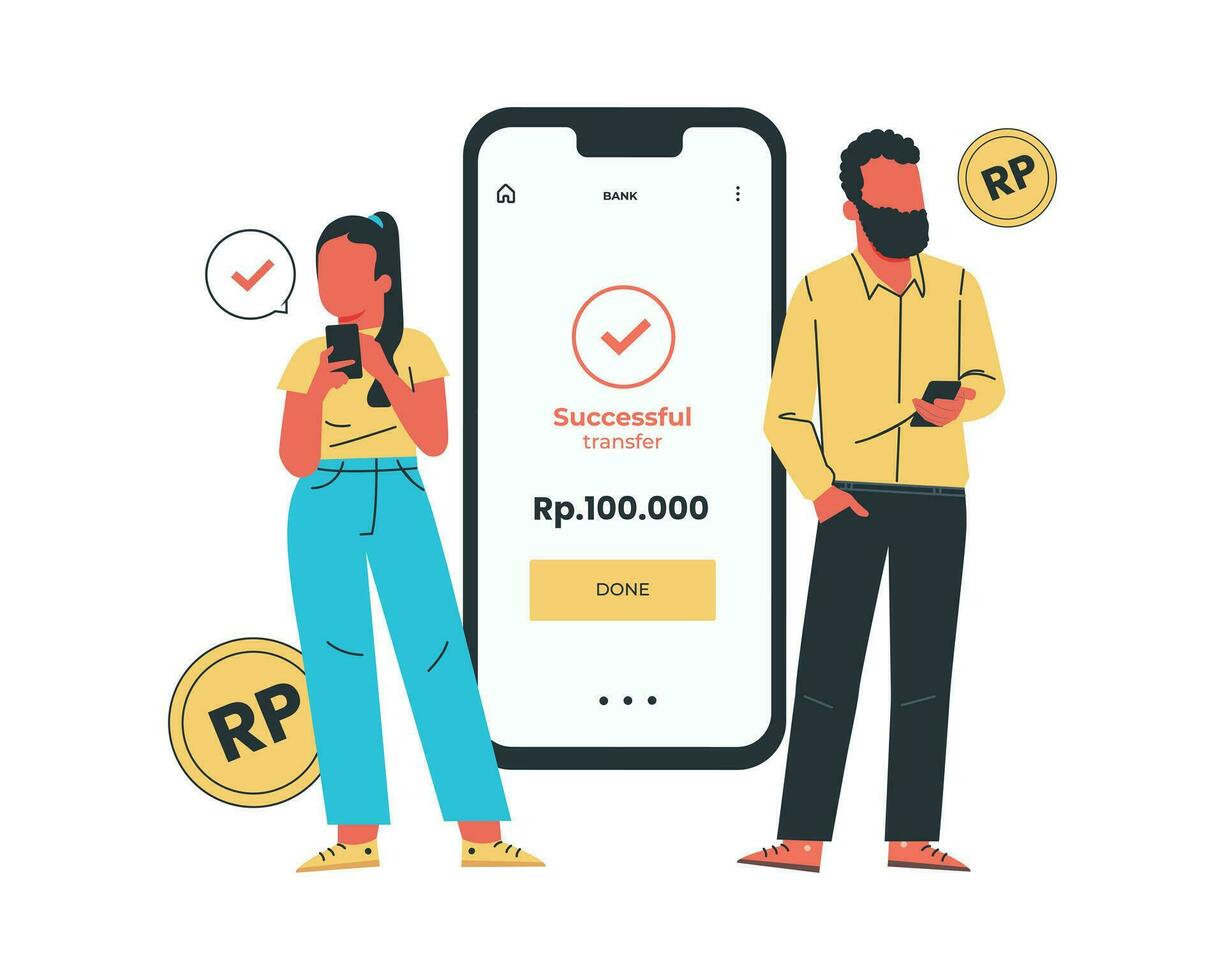 Man and woman using mobile banking application on smartphone. Vector illustration in flat cartoon style for contactless payment.