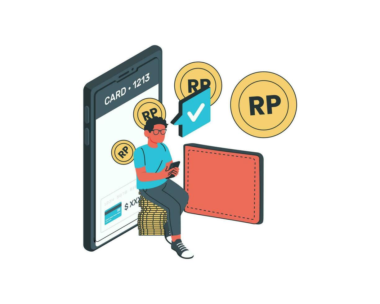 Online shopping concept. Isometric vector illustration of a man with a smartphone and a wallet.