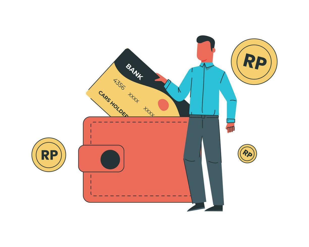 Man with a wallet and credit card. Vector illustration in flat style for digital contactless payment concept
