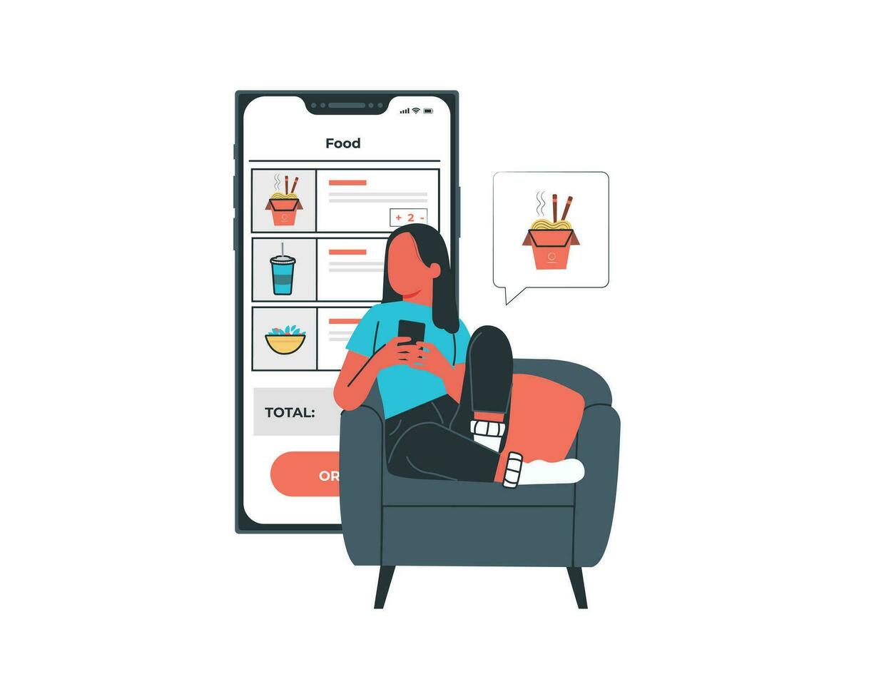 vector ilustración de un mujer sentado en un Sillón en frente de un móvil teléfono con un menú en el pantalla